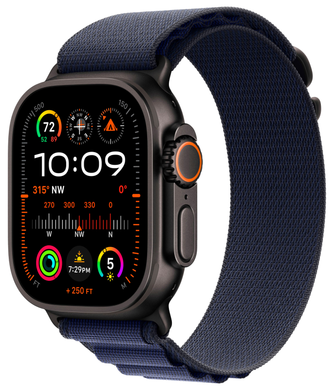 Apple Watch Ultra 2 GPS + Cellular, 49 мм, корпус из черного титана, ремешок Alpine темно-синего цвета, размер L Apple Watch Ultra 2 GPS + Cellular, 49 мм, корпус из черного титана, ремешок Alpine темно-синего цвета, размер L
