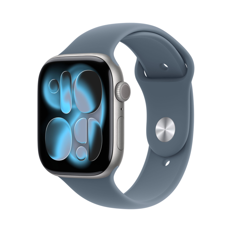 На фото изображено Apple Watch Series 11, 46 мм, корпус из алюминия цвета «Серый космос», спортивный ремешок, размер S/M