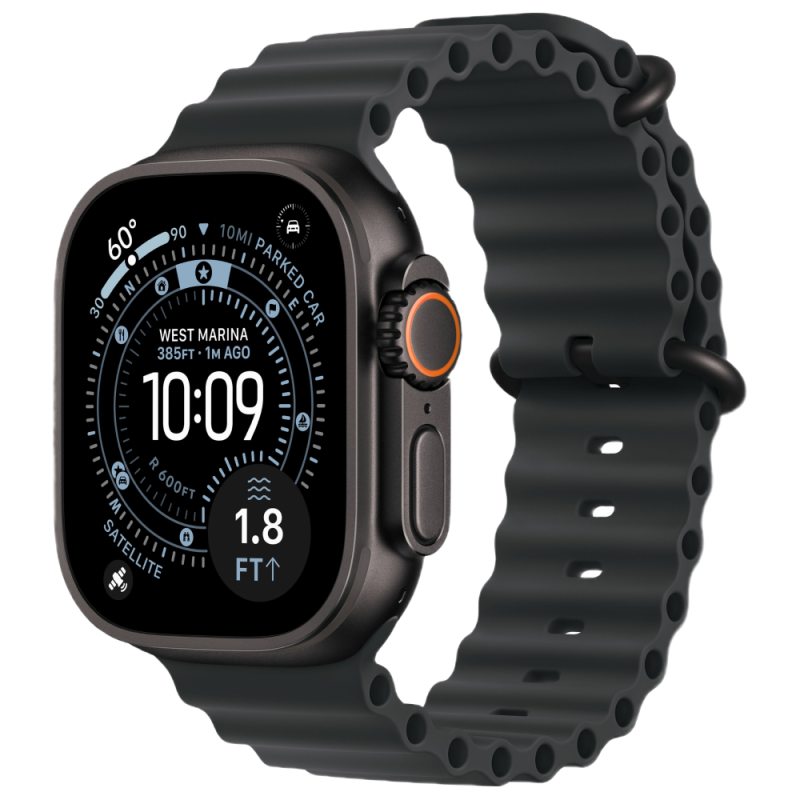 На фото изображено Apple Watch Ultra 3 GPS + Cellular, 49 мм, корпус из чёрного титана, ремешок Ocean Band, цвет чёрный