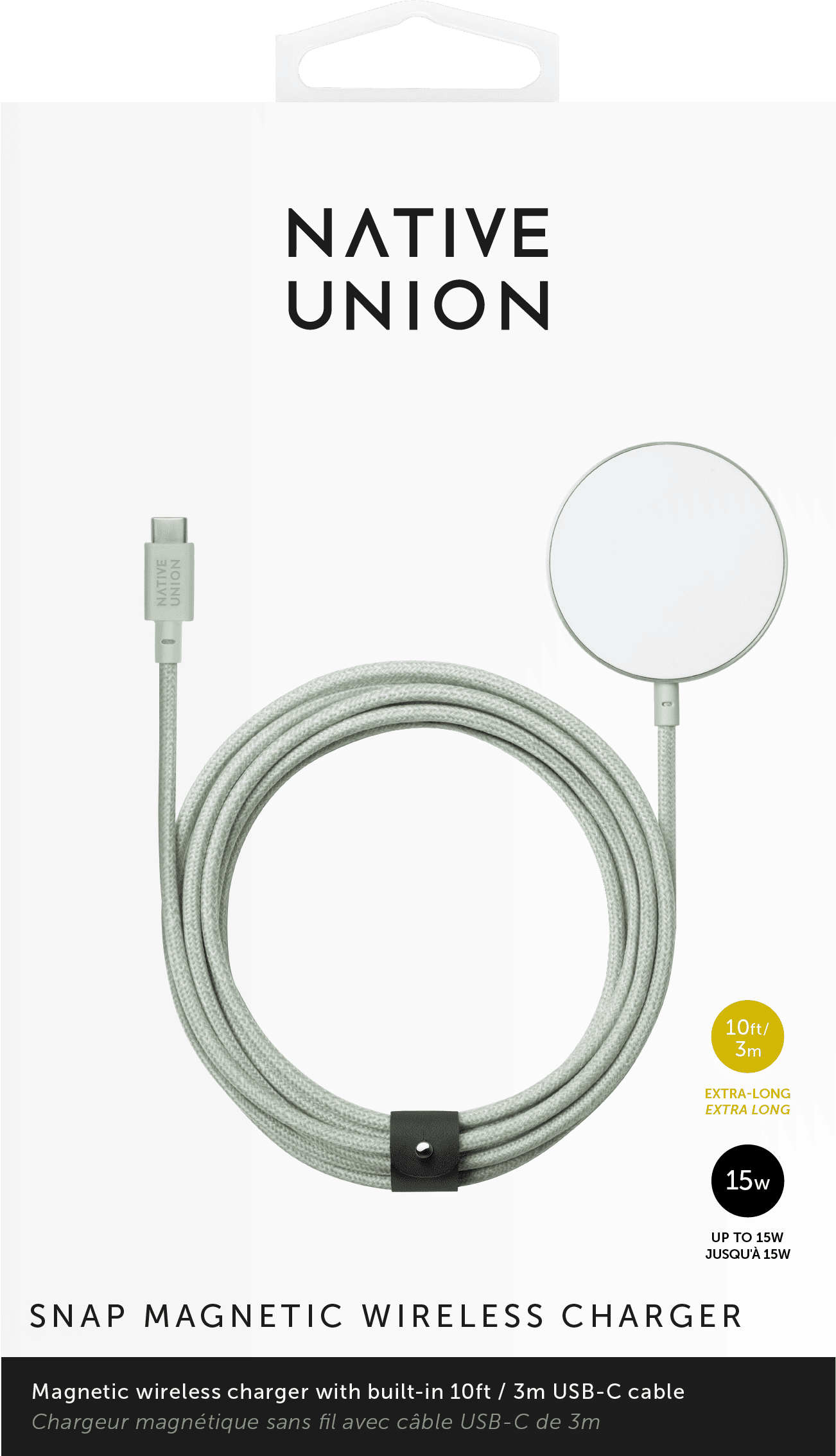 На фото изображено Беспроводное зарядное устройство Native Union Snap Cable, 15 Вт, светло-зеленый