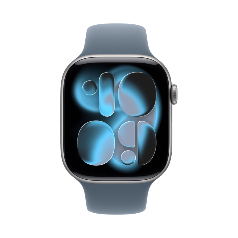 На фото изображено Apple Watch Series 11, 46 мм, корпус из алюминия цвета «Серый космос», спортивный ремешок, размер S/M