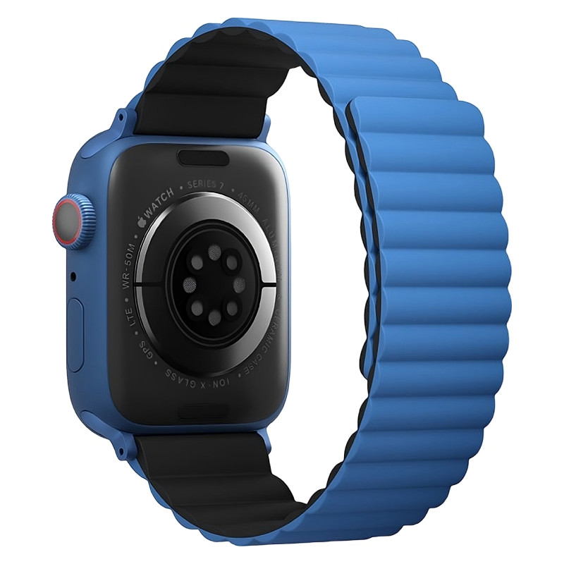 На фото изображено Ремешок силиконовый двусторонний Uniq для Apple Watch (40,41,42 мм), чёрный-синий