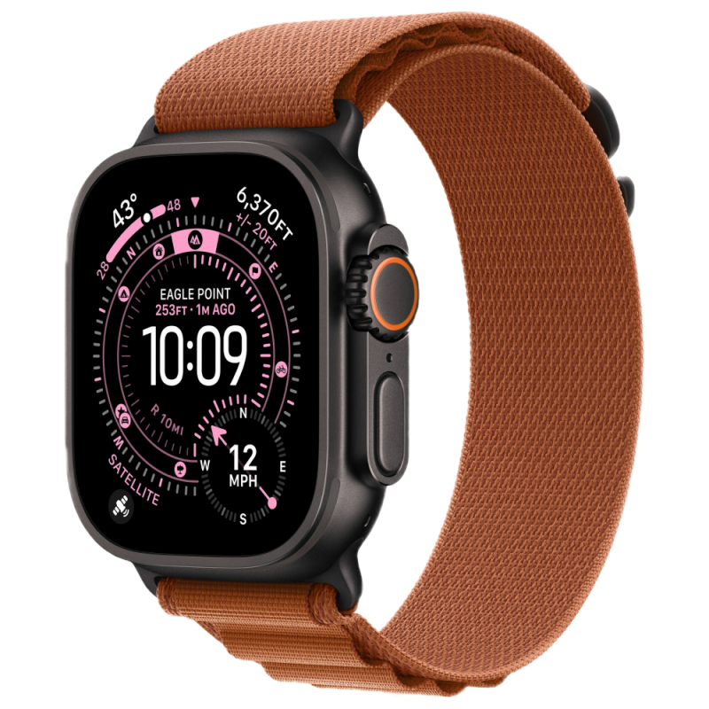 На фото изображено Apple Watch Ultra 3 GPS + Cellular, 49 мм, корпус из чёрного титана, ремешок Alpine, цвет терракотовый, L