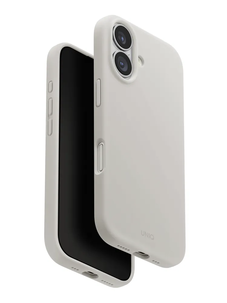 На фото изображено Чехол Uniq Lino MagSafe для iPhone 17, серый