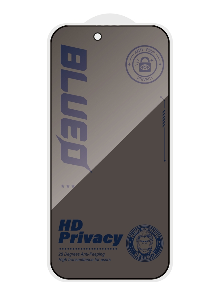 На фото изображено Защитное стекло BlueO для iPhone 17/17 Pro/16 Pro, антишпион